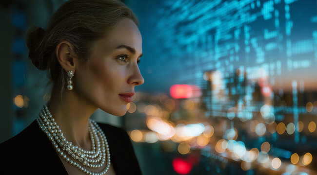 A female business executive in her late thirties, wearing formal attire with pearl earrings and necklaces, stands at the window of an office building overlooking city lights