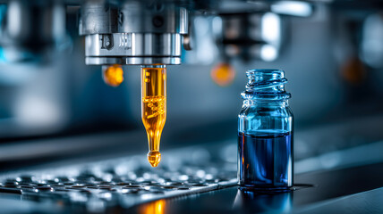Precision automated lab: Close-up of a vial being filled with golden liquid next to a vial with blue liquid. Science meets automation.