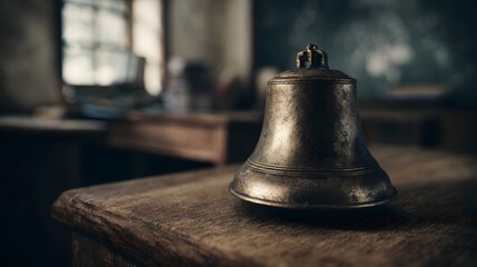 Old brass school bell on a teacher s desk