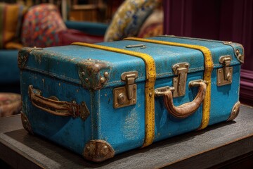 Vintage blue suitcase luggage travel baggage journey vacation aged leather handle antique decor aged