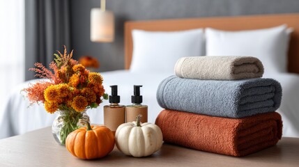 Autumn-themed spa towels and flowers on table in cozy bedroom interior. Cozy guest room prepared with folded towels, mini toiletries, and fall floral arrangement on bed