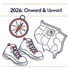 2026 onward and upward with compass, boots and map isolated on white