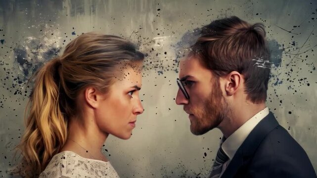 Profile of a man and a woman looking at each other. Excellent choice for illustrating themes of communication and interpersonal relationships.

