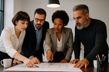 Diverse Team Collaborating on Architectural Plans in Modern Office Analyzing Blueprints and Discussing Project Strategies Fostering Teamwork and Innovation