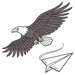 Eagle in flight with paper airplane, a symbol of freedom isolated on white background