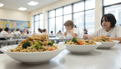 School cafeteria scene with students at tables eating rice bowls. Close-up shows brown rice, chicken pieces, broccoli florets, offering healthy lunch option. Blurred background with students in white