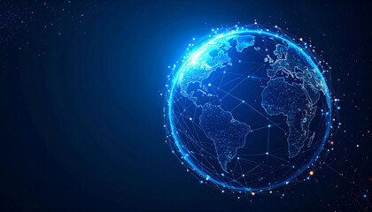 Digital earth globe with tech network lines and glowing data points, transparent back