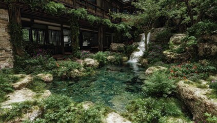 Tranquil Garden Water Feature With Lush Greenery
