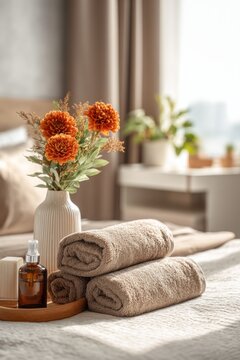 Cozy spa setup with rolled towels and flowers on bed in soft natural lighting. cozy and relaxing home wellness and spa concept