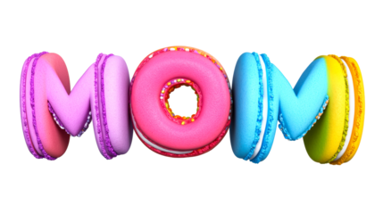 Colorful macarons spelling Mom with a transparent background