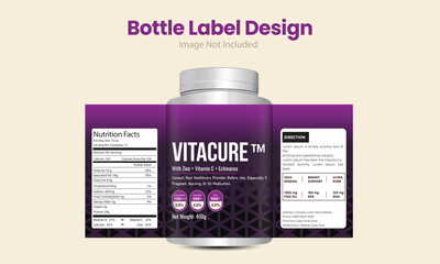 Modern purple supplement bottle label design template with nutrition facts, dosage directions, and product branding for vitamins or health products.