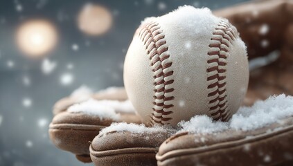 Snowy baseball in leather glove
