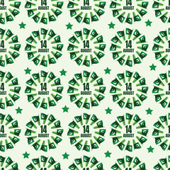 A repeating pattern design featuring stylized representations of Pakistan flags and the date "14" surrounded by stars.