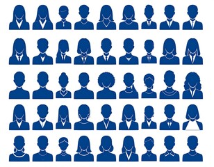 Collection of simple, blue silhouette icons depicting diverse individuals' headshots