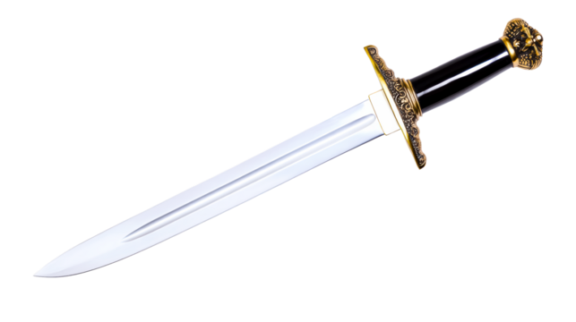 Decorative sword with golden accents and transparent background