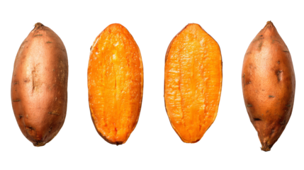 A closeup view of four fresh, raw, organic sweet potatoes arranged together on simple, clean background, showcasing their vibrant orange skin and natural, earthy texture.