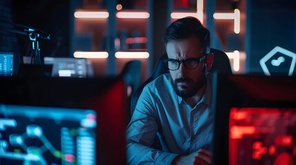 Stressed Cybersecurity Expert Illuminated by Computer Screens