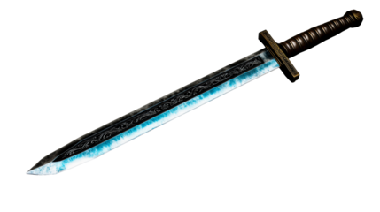 Detailed sword with a blue blade and decorative handle design