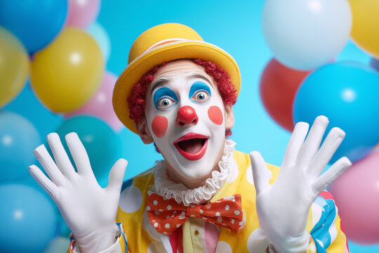 Portrait of funny clown in colorful uniform. Happy expression male bozo in various pose. Circus clown with balloons