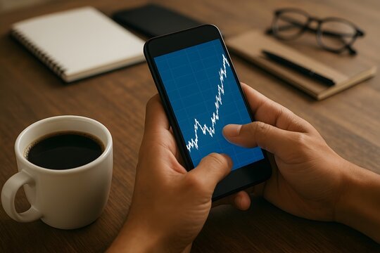 A person's hands are holding a smartphone, with a financial stock chart showing an upward, successful trend on the screen