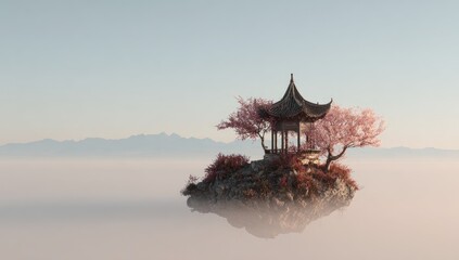 Naklejka premium Tranquil Asian gazebo on a floating island