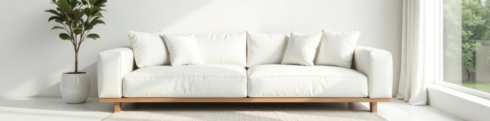 Obraz premium Crisp white linen sofa in bright modern space Neutral palette, sleek lines , bright, airy, home