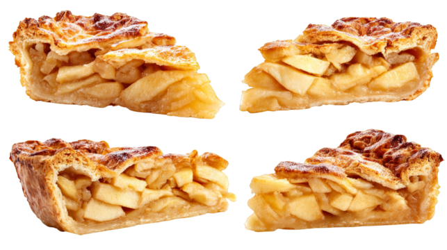 Four delicious slices of homemade apple pie with a golden brown lattice crust, perfectly baked and ready to serve for classic american dessert treat.