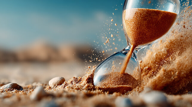 An hourglass lies on the sand, with grains falling in slow motion, symbolizing the passage of time against a desert landscape.
- Powered by Adobe
