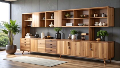 Modern light wood media console and shelving unit against a dark gray wall, styled with plants and decor