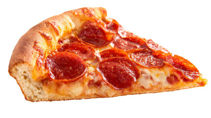 A delicious single slice of classic pepperoni pizza with bubbly melted mozzarella cheese and thick, goldenbrown crust resting on rustic wooden board background.