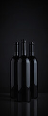 A moody and elegant studio photograph showcasing three sleek, glossy black wine bottles standing upright against a dark, seamless background. The bottles are unlabelled, identical in shape and size, a