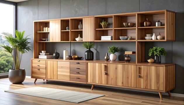 Modern light wood media console and shelving unit against a dark gray wall, styled with plants and decor