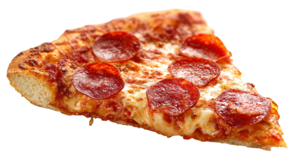 A delicious, savory slice of classic pepperoni pizza with melted mozzarella cheese and thick crust, isolated on dark, dramatic background for gourmet food presentation.