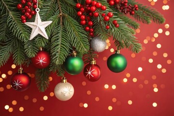 Obraz premium Closeup of a christmas tree branch with red, green, and white ornaments, a star, and bokeh lights on a red background