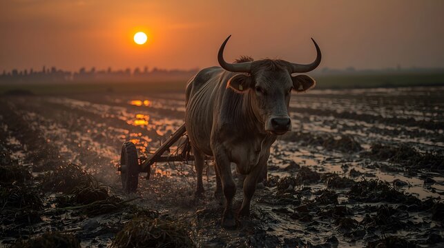 An ox with large horns is pulling a plow through a wet, muddy field at sunset, with the sun creating a dramatic, golden backlight and a misty atmosphere