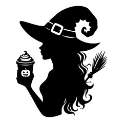halloween witch with a broom Woman in witch hat with coffee cup. Pumpkin spice latte, Halloween costume. Black silhouette. Hand drawn cartoon style