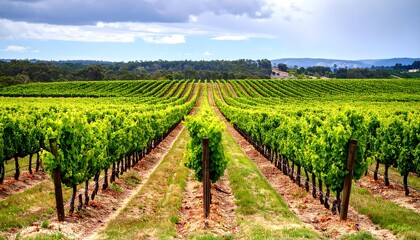 Lush vineyard rows under a cloudy sky