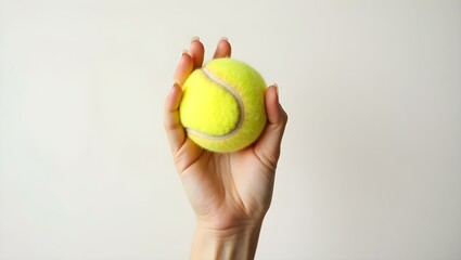 A close-up shot of a human hand with subtle wrinkles and light beige skin tone gently holding a bright, vibrant yellow tennis ball against a plain white background.