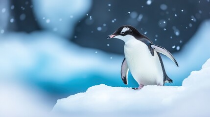 Obraz premium Adelie penguin standing on snowy ice with falling snowflakes