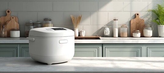 Rice cooker positioned right, clean kitchen scene with space left for text 