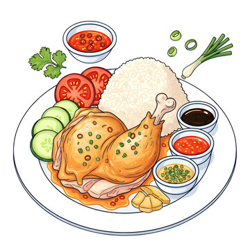 A vibrant cartoon illustration of a generous serving of roasted chicken rice with crispy skin, accompanied by fragrant rice, assorted sauces, cucumbers, and tomatoes on a Transparent background, PNG