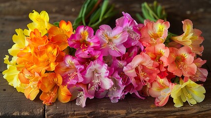 Obraz premium Beautiful Bouquet of Mixed Flowers on Wooden Table Showcasing Florist Craft in Flower Shop