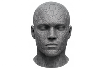 3d rendered cyborg head with closed eyes and futuristic technology embedded in its skin, isolated on transparent background