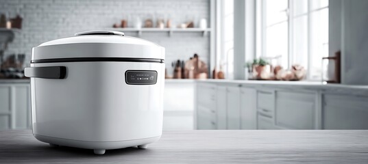 Rice cooker positioned right, clean kitchen scene with space left for text 