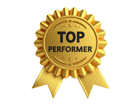 Golden Top Performer award rosette with scalloped edges and engraved stars A shiny metallic medal with two textured ribbons symbolizing excellence.