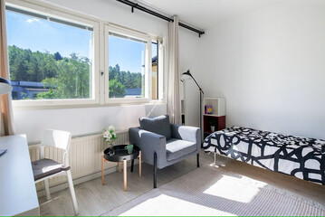 Modern luxury bedroom interior in minimal scandinavian style, 3d render