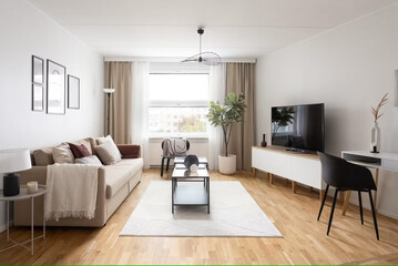 Modern luxury bedroom interior in minimal scandinavian style, 3d render
