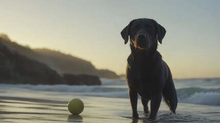 Black Labrador Retriever dog standing in ocean water with ball on beach at golden hour