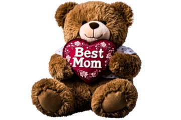 Teddy bear holding heart shaped gift for Mothers Day celebration