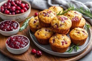 Cranberry muffins with rosemary and sauce on rustic wooden table background. Cranberry Sauce Muffins, concept of festive food, homemade baking